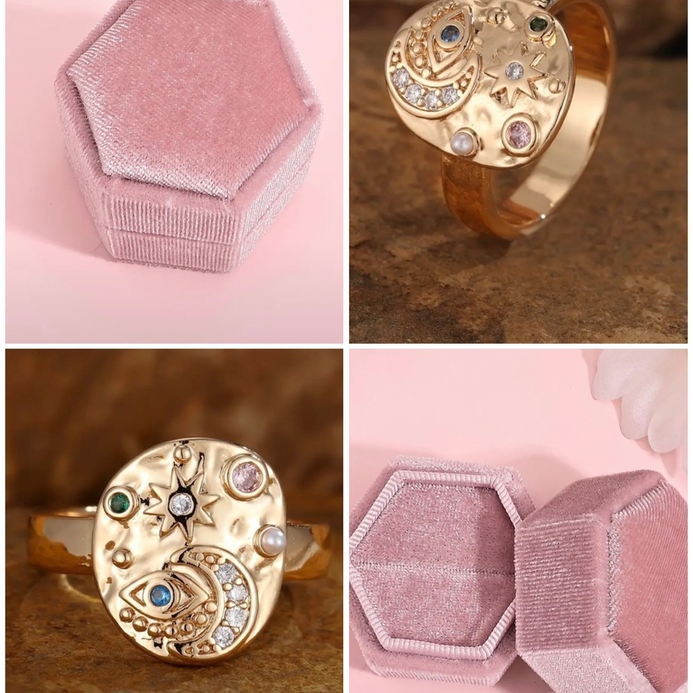 Gold Celestial Ring with‎ Pink Velvet Ring Box
